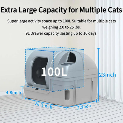 Dakeres Extra Large 100L Self Cleaning Smart Cat Litter Box with Mat for Multi Cats, Odor Removal Automatic Safety Protection with APP Control Includes Trash Bags