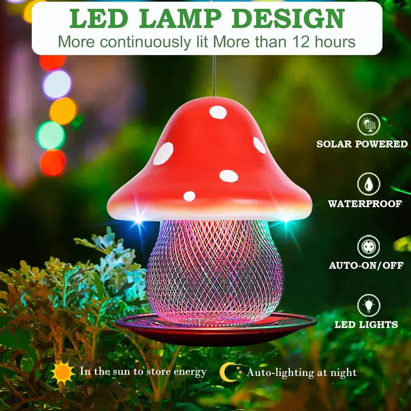 Red Mushroom Solar Bird Feeders - Outdoors Hanging, Color Changing Solar Garden Lantern, Metal Wild Bird Feeder for Cardinals Bird Seed Feeder 3.5LBS Capacity.