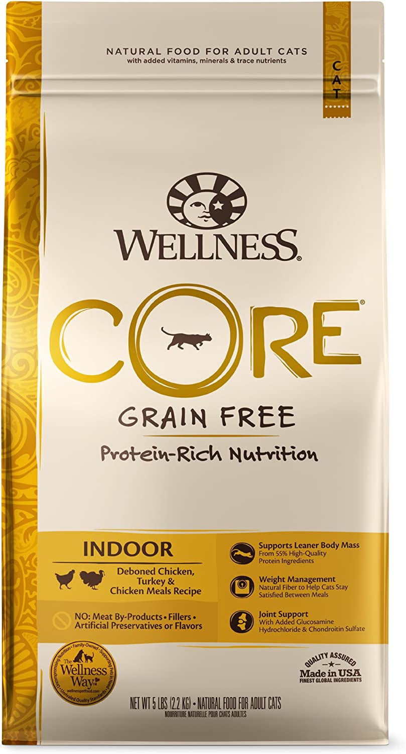 Wellness CORE Grain-Free High Protein Adult Dry Cat Food, Chicken, Turkey & Chicken Meal Indoor Formula Dry Cat Food, 5 Pound Bag