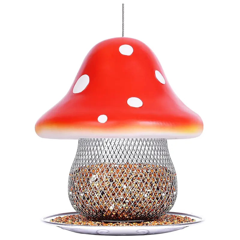 Red Mushroom Solar Bird Feeders - Outdoors Hanging, Color Changing Solar Garden Lantern, Metal Wild Bird Feeder for Cardinals Bird Seed Feeder 3.5LBS Capacity.