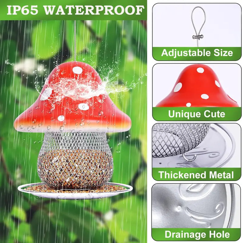 Red Mushroom Solar Bird Feeders - Outdoors Hanging, Color Changing Solar Garden Lantern, Metal Wild Bird Feeder for Cardinals Bird Seed Feeder 3.5LBS Capacity.