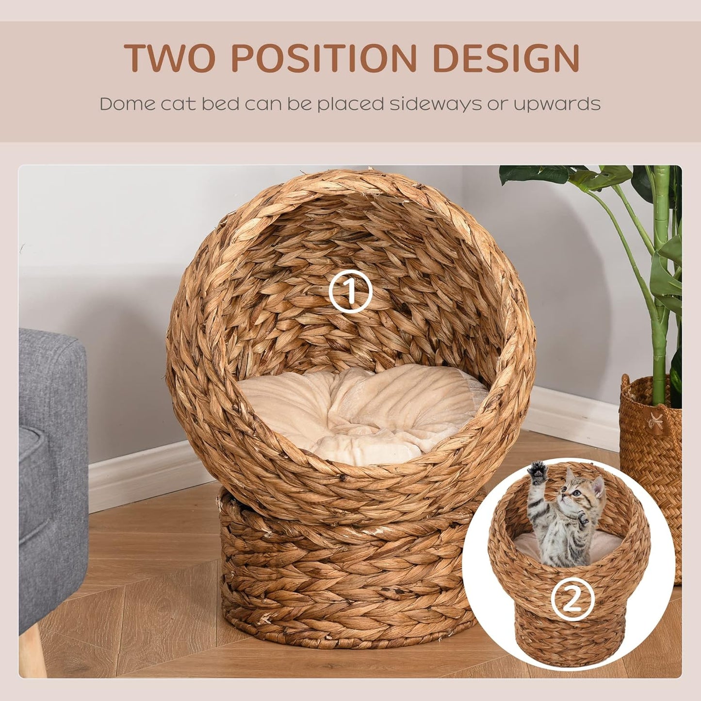 Handwoven Elevated Cat Bed with Soft Cushion & Cat Egg Chair Shape, Cat Basket Bed Kitty House with Stand, Raised Wicker Cat Bed for Indoor Cats, 23.5" H, Brown