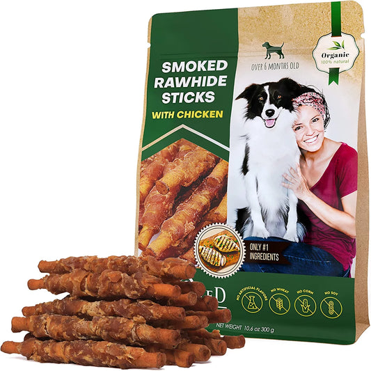 ``Chicken Wrapped Smoked Rawhide Sticks for Dogs - Grain Free Organic Chew Treats in Bulk - Perfect for Training Small & Large Dogs!``