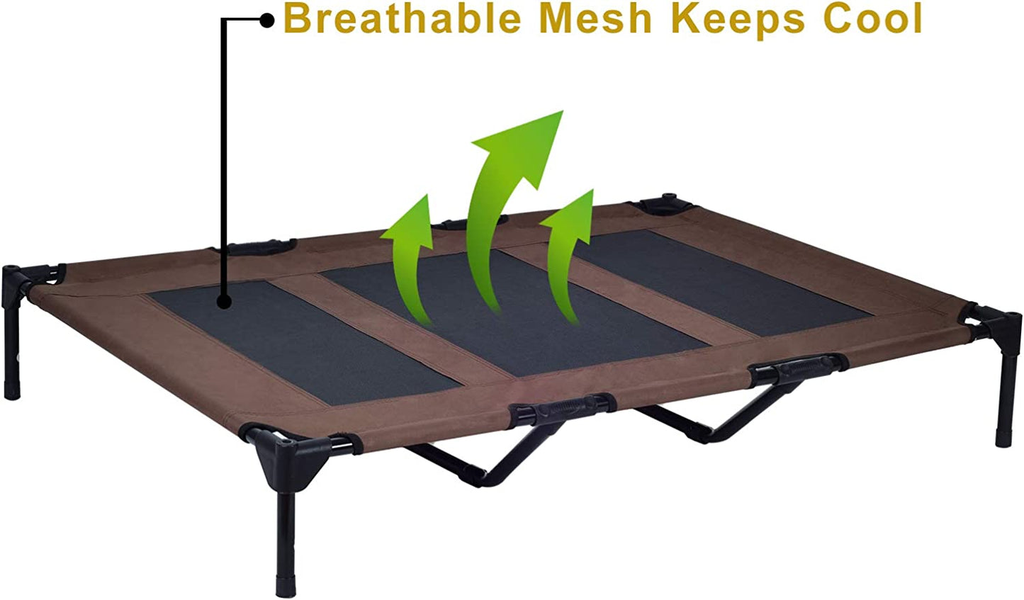 Elevated Pet Cot with Canopy, Portable Raised Pet Cot for Camping or Beach, Removable Canopy, Durable 1680D Oxford Fabric Raised Mesh Cot, Breathable Cooling Outdoor Dog Bed (Large, Brown)