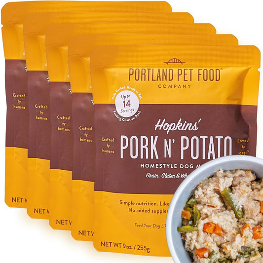 Hopkin's Pork & Potato Wet Dog Food Pouches - Human-Grade, Grain-Free Toppers, Mixers, and Meals - Made in the USA - 5-Pack